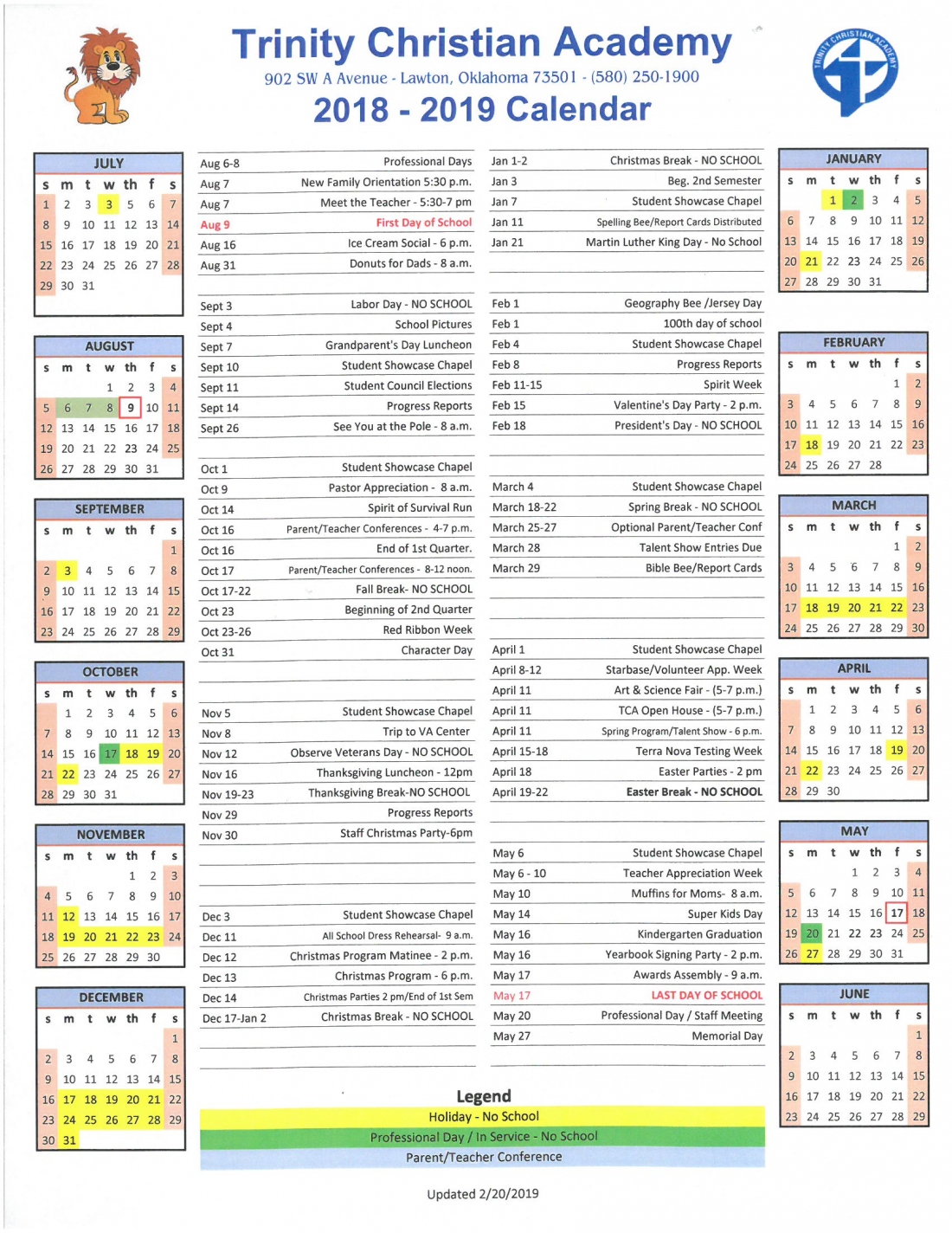 Trinity Christian Academy Whole Year Calendar